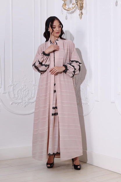 Light pink abaya with black lace details