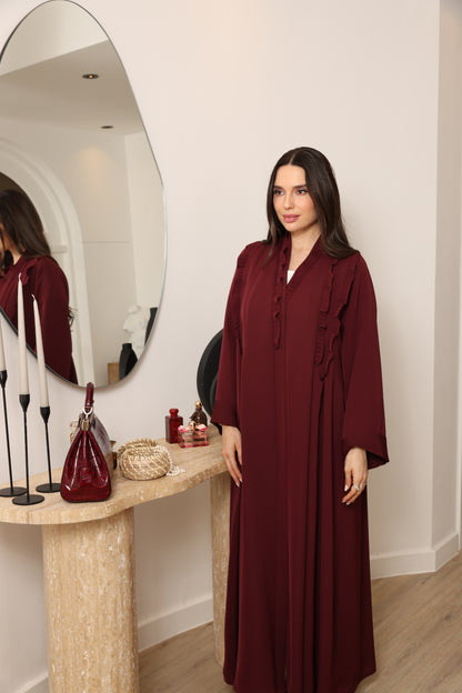 Tone on Tone asymmetrical front ruffled with back pleated abaya