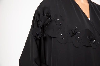 Black farashah cut abaya with asymmetrical laser cut and bead embellishment