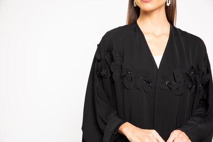 Black farashah cut abaya with asymmetrical laser cut and bead embellishment
