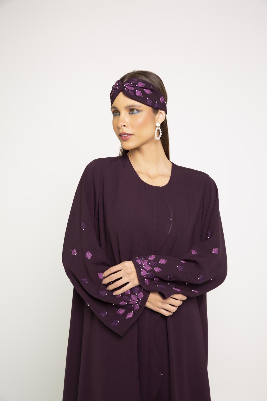 Linen abaya with weave shape front overlap