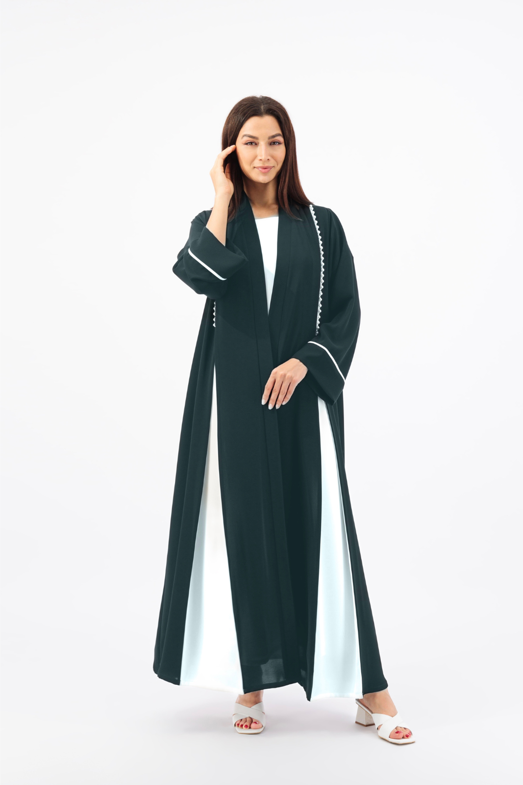 Contrast box pleated Abaya with Pearl piping details