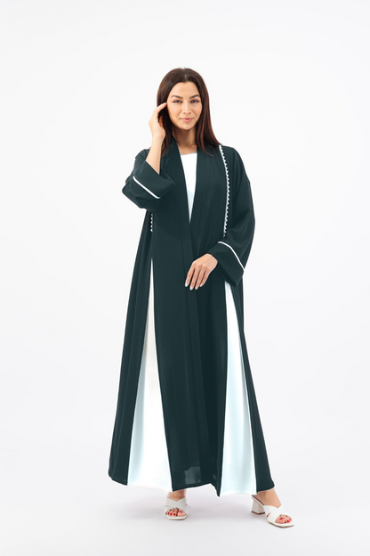 Contrast box pleated Abaya with Pearl piping details