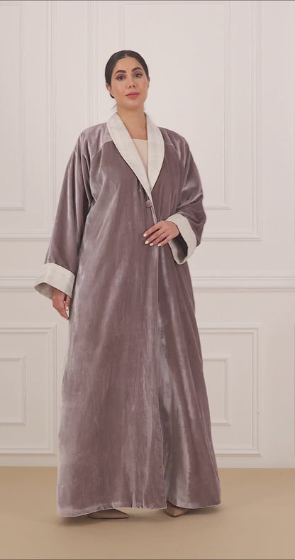 Two-Tone Velvet & Jacquard Collared Abaya