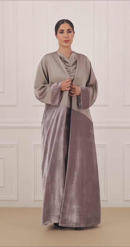 Sleeveless drop collar two tone velvet and satin dress