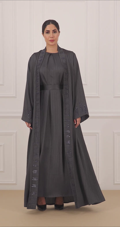 Embroidered Jacquard Striped Silk Abaya 3-Piece Set with Pleated Garter Skirt