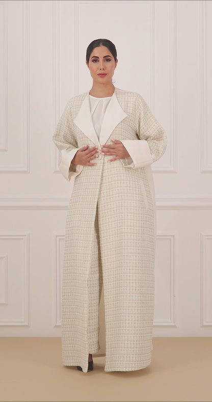 Two-Tone Tweed & Shantung Collared Abaya Set with shirt and trouser