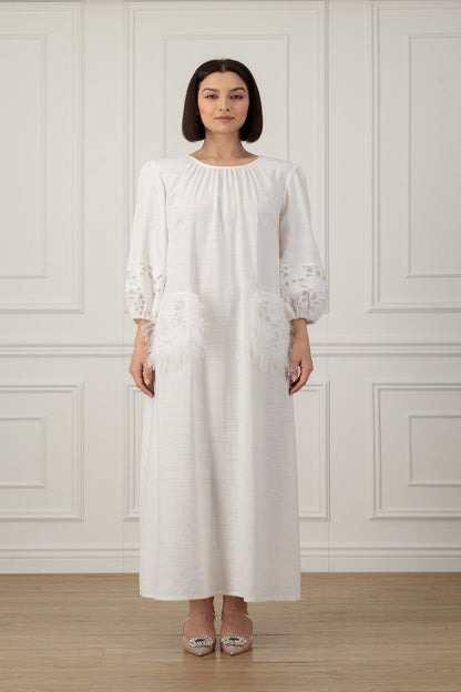 Linen dress with lace & feather patched pockets