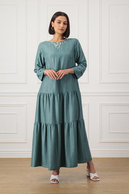 Shimmer-linen dress with gathered detail