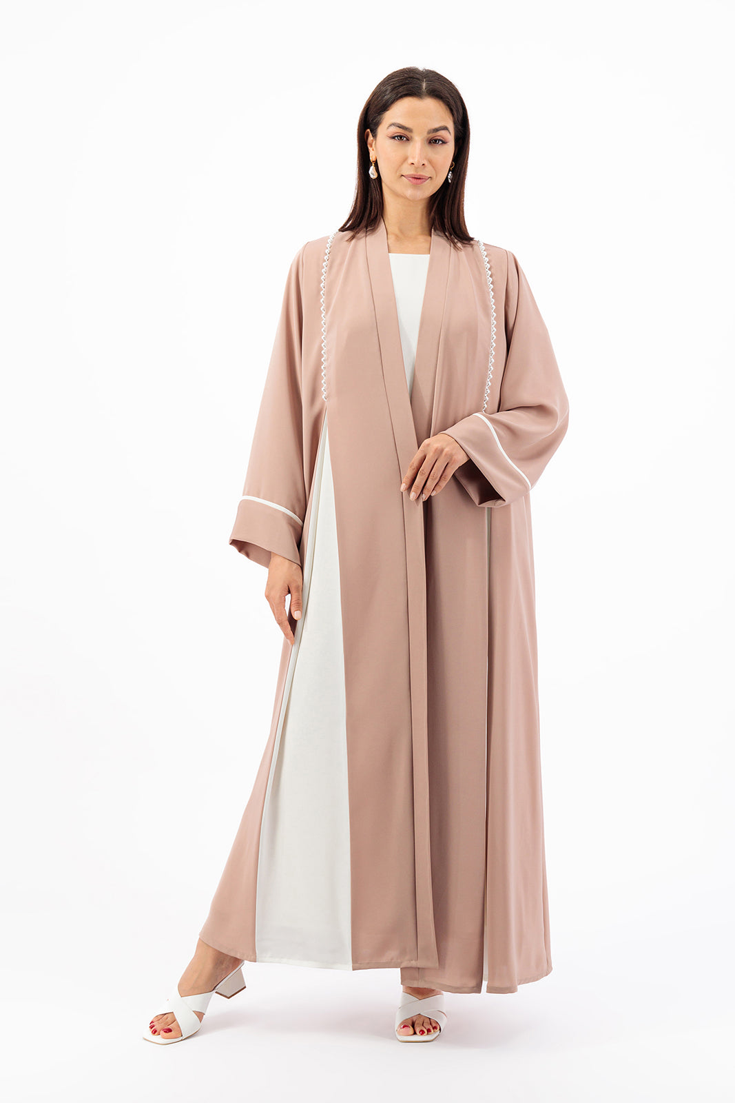 Contrast box pleated Abaya with Pearl piping details