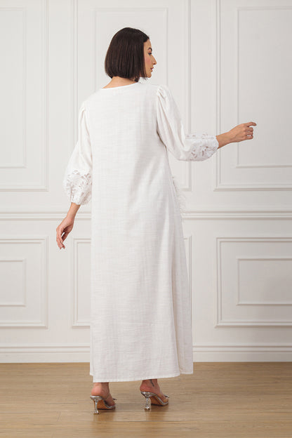 Linen dress with lace & feather patched pockets
