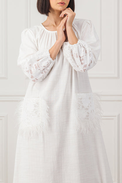 Linen dress with lace & feather patched pockets