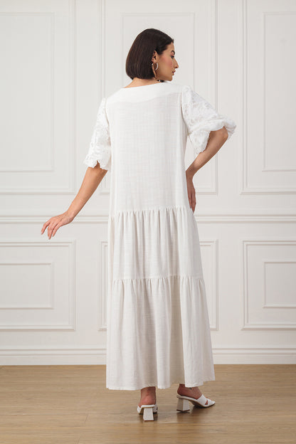 Off-white Linen dress with embellished neckline
