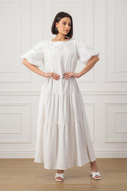 Off-white Linen dress with embellished neckline