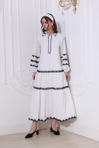 White Dress With Black Lace Details