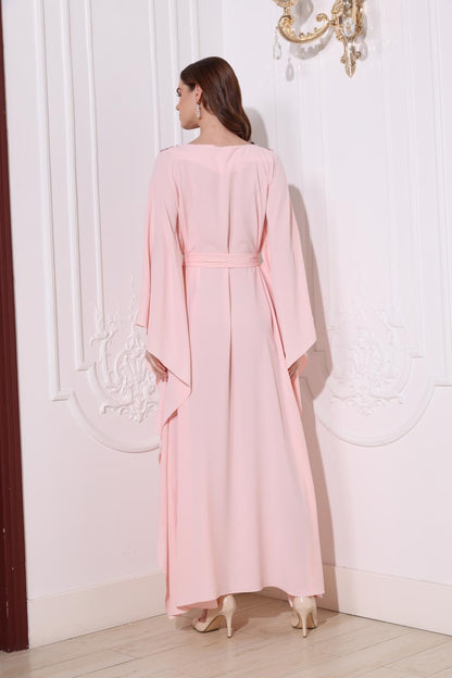 Classic Light Peach Kaftan With Ribbon Embroidery