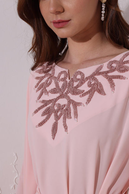 Classic Light Peach Kaftan With Ribbon Embroidery