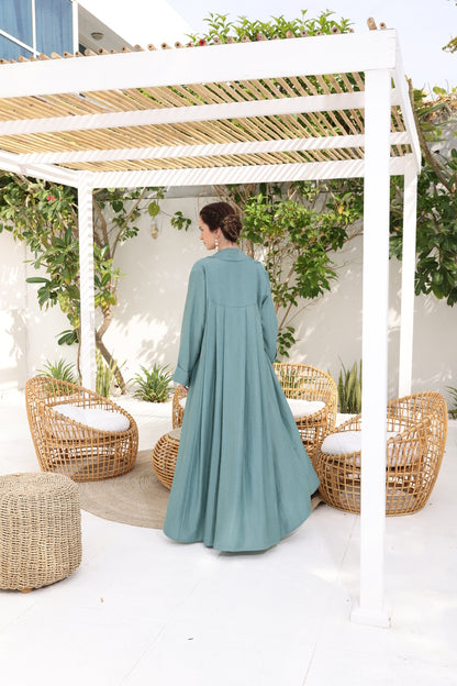 A-line flared back Abaya in Shimmer Linen