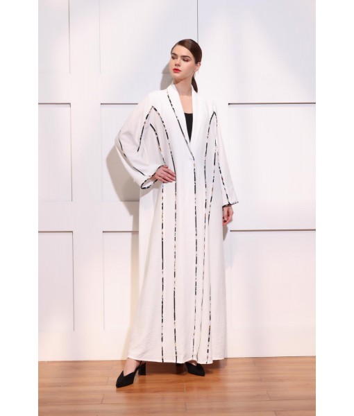 White linen abaya with floral piping ...