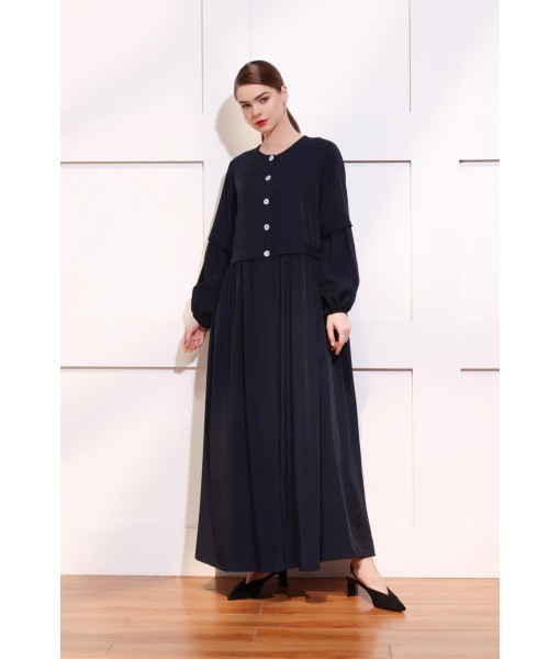 Navy blue abaya with waist cut and puff sleeves details